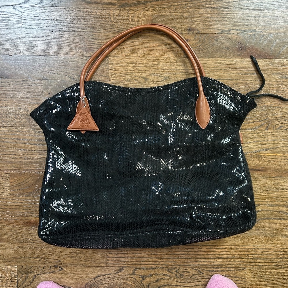 Sorial Black Sequin Tote with Brown Handles